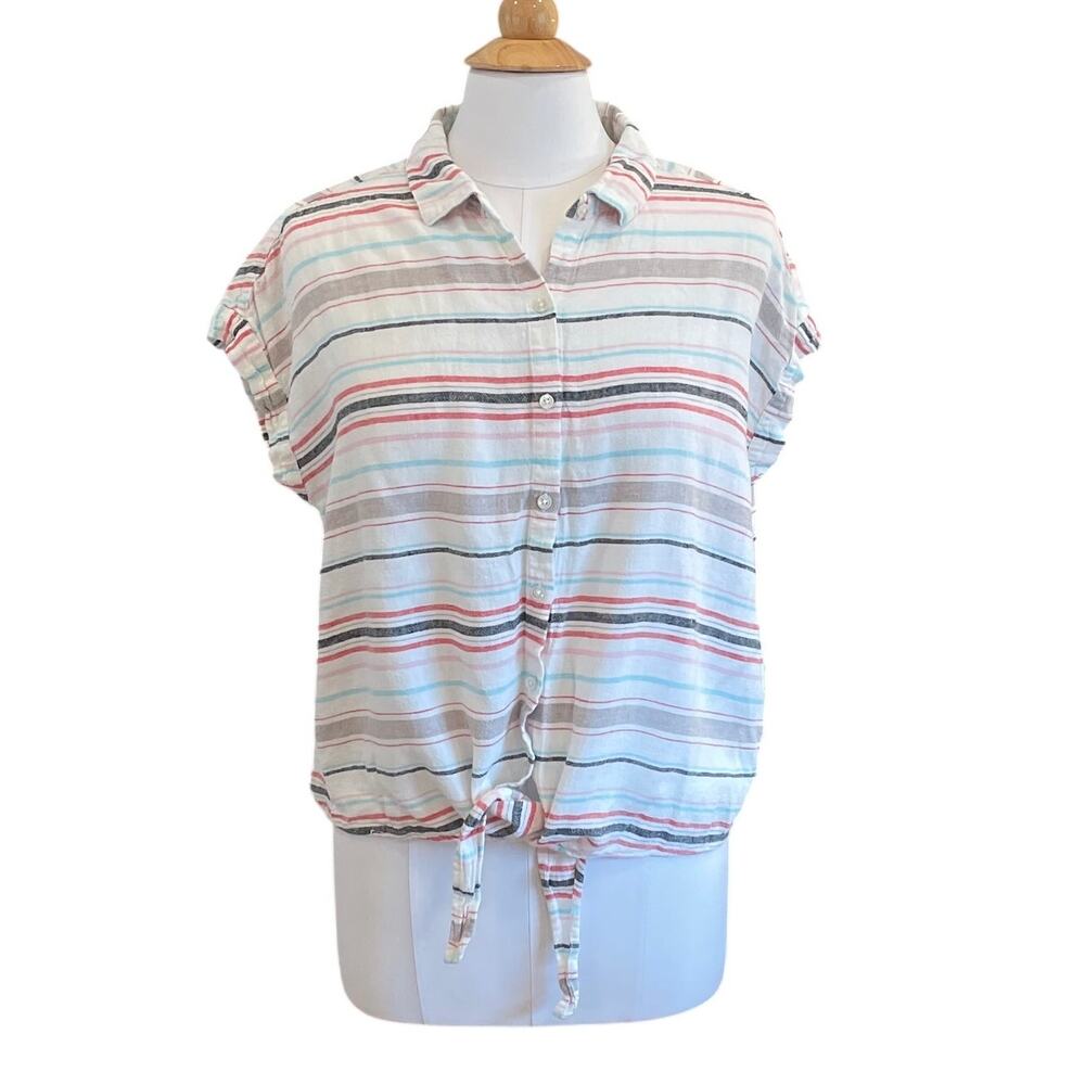 Weatherproof Vintage Linen Blend Stripe Button Down Tie Front Shirt, Beachy, L